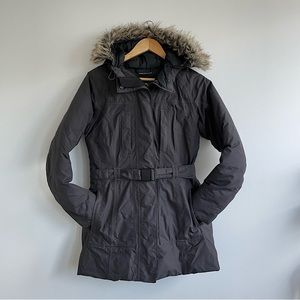 North Face Charcoal Belted Parka with Removable Fur hood puffer